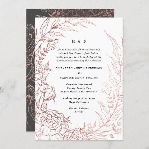 Refined Black Elegance Rose Gold Monogram Wreath Invitation