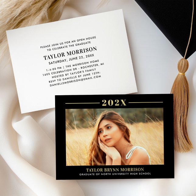 Refined Black Gold Framed Photo Graduation Party Foil Invitation (Creator Uploaded)