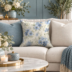 Refined Blue Cottagecore Botanical Accent Pillow