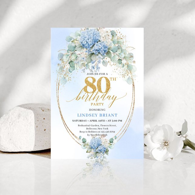 Refined Blue Floral Gold 80th Birthday Invitation (Refined Blue Floral Gold 80th Birthday Invitation)