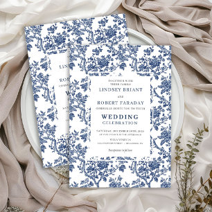 Refined Blue Floral Toile Classic Wedding Invite