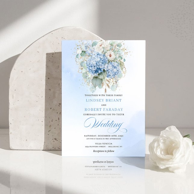 Refined Blue Hydrangea Floral Gold Wedding Invite (Refined Blue Hydrangea Floral Gold Wedding Invite)