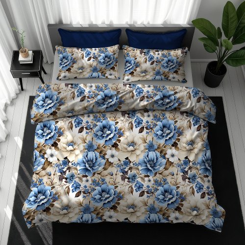 Refined Blue Ivory Floral Duvet Cover Bedroom Deco