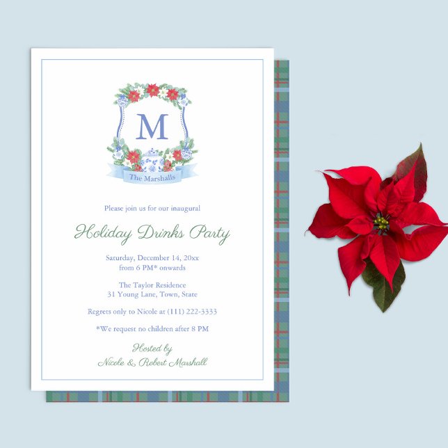 Refined Blue Red Christmas Crest Christmas Party Invitation (Chinoiserie Red Blue and white Christmas crest decorates this Holiday Drinks Party Invitation)