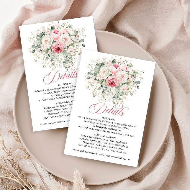 Refined Blush Roses Greenery Wedding Details Card (Refined Blush Roses Greenery Wedding Details Card)