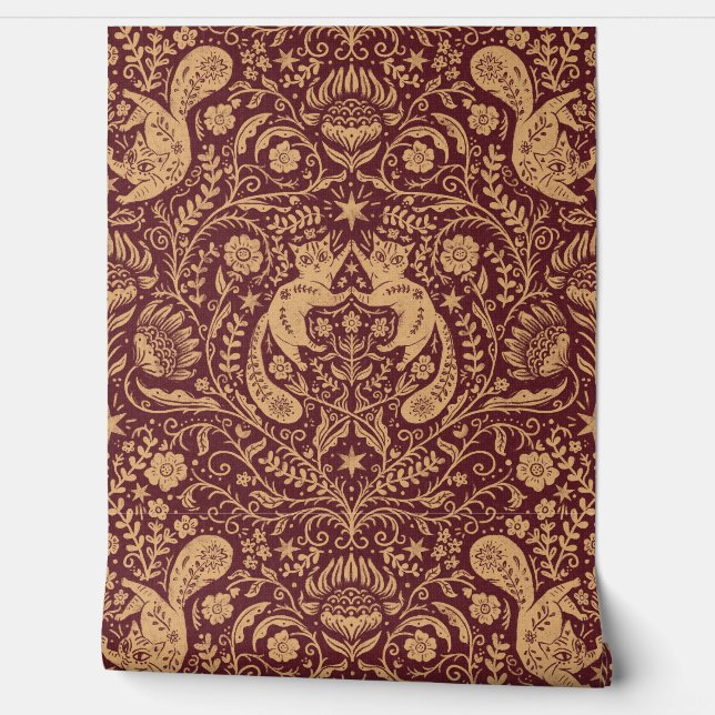 Refined Bohemian Cats - Moody Red Wallpaper (Unrolling)
