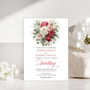 Refined Bohemian Red White Floral Greenery Invite