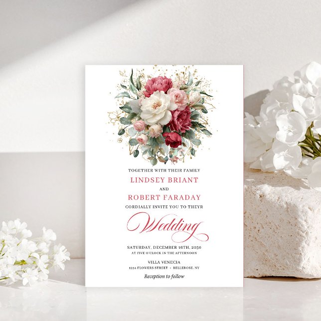 Refined Bohemian Red White Floral Greenery Invite (Refined Bohemian Red White Floral Greenery Invitation)