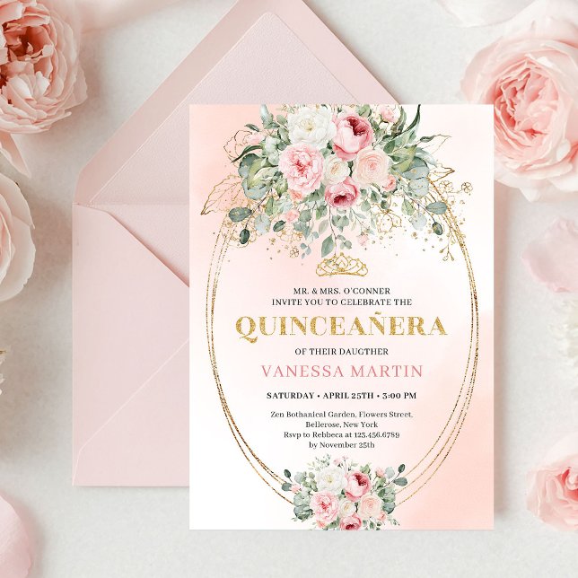 Refined Boho Blush Roses Greenery Gold Quinceañera Invitation (Refined Blush Roses Greenery Gold Quinceañera Invite)