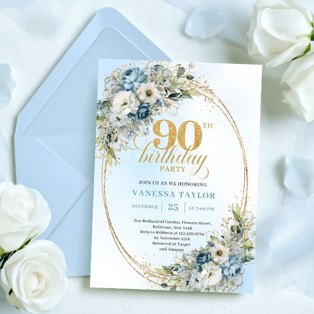 Refined Boho Dusty Blue Eucalyptus 90th Birthday Invitation (Refined Boho Dusty Blue Eucalyptus 90th Birthday)