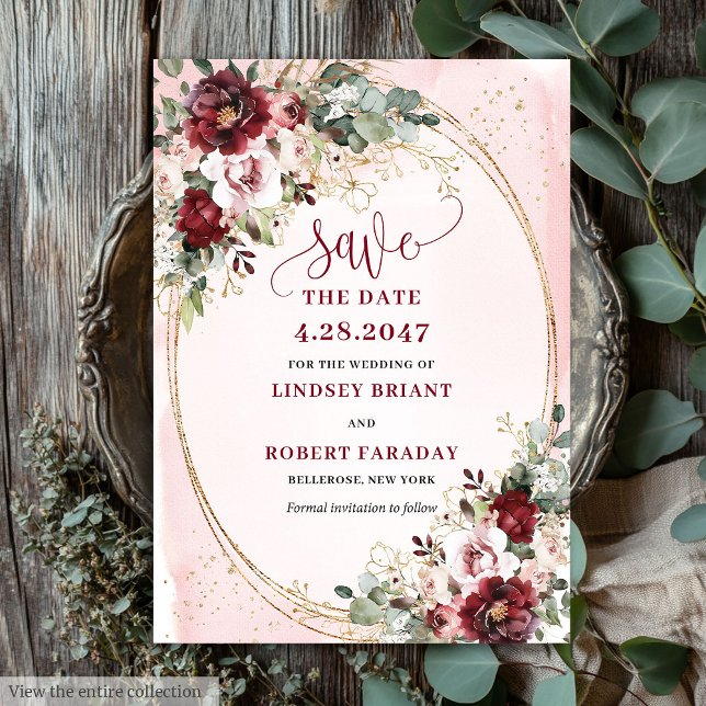 Refined Boho Maroon Blush Gold Floral Save Date Invitation (Refined Boho Maroon Blush Gold Floral Save Date)