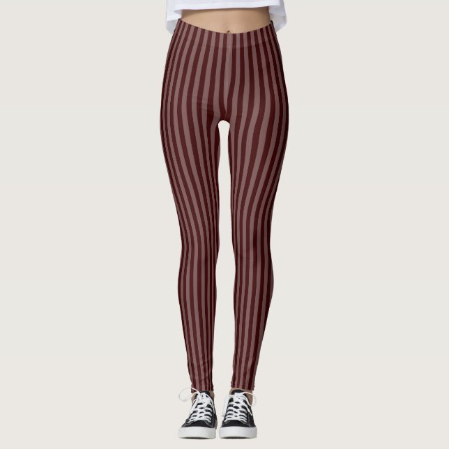 Refined Bordeaux Monochrome Vertical Thin Stripes Leggings (Front)