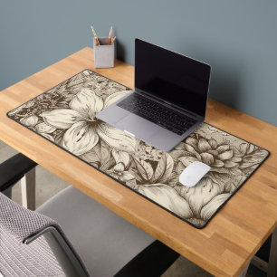 Refined Botanical Motif in Soft Sepia Tones Desk Mat