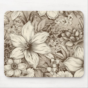 Refined Botanical Motif in Soft Sepia Tones Mouse Pad