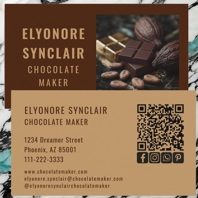 Refined Brown Chocolate Maker Photo Social QR Code Business Card (Creator Uploaded)