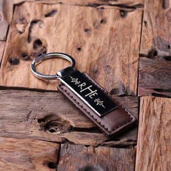 Refined Brown Engraved Monogram Leather Keychain by tealsprairie at Zazzle