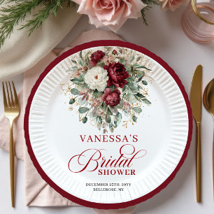 Refined Burgundy Floral Gold Bridal Shower Paper  Plates