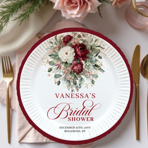 Refined Burgundy Floral Gold Bridal Shower Paper  Plates