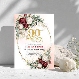 Refined Burgundy Floral Gold Frame 90th Birthday Invitation