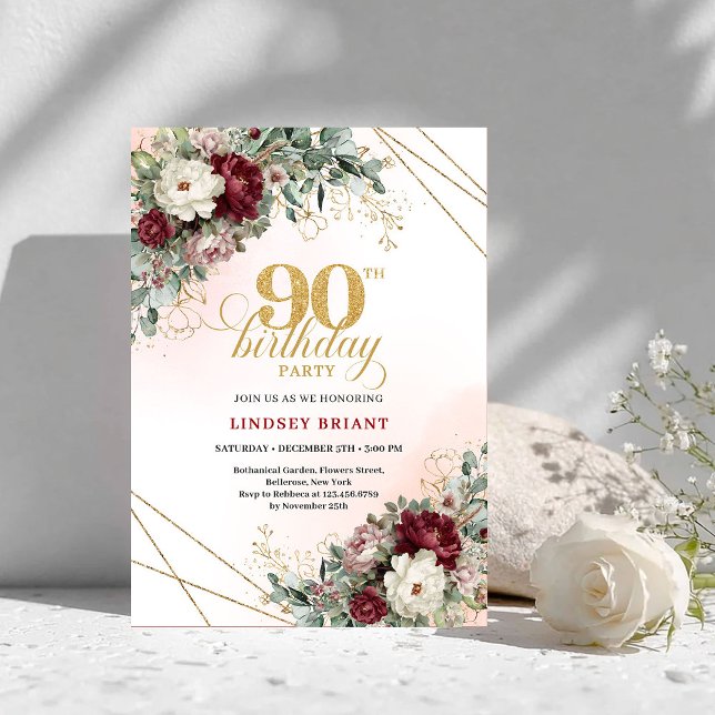 Refined Burgundy Flowers Eucalyptus 90th Birthday Invitation (Refined Burgundy Flowers Eucalyptus 90th Birthday)