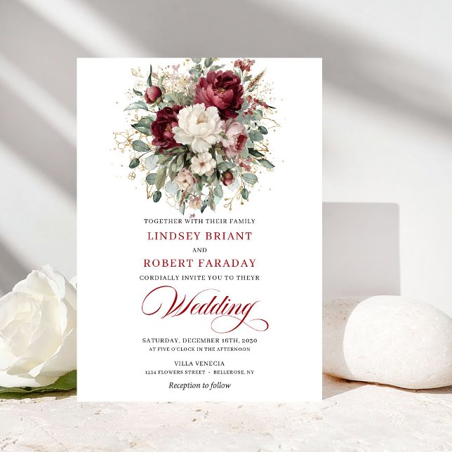 Refined Burgundy White Floral Wedding Invitation (Refined Burgundy White Floral Wedding Invitation)