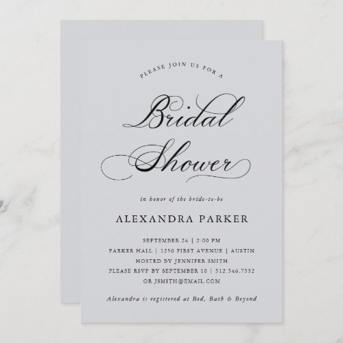 Refined  Calligraphy on Soft Gray Bridal Shower Invitation
