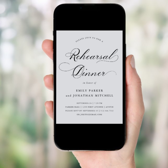 Refined | Calligraphy Soft Gray Rehearsal Dinner Invitation (Front Digital)