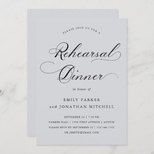 Refined  Calligraphy Soft Gray Rehearsal Dinner Invitation