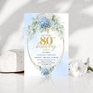 Refined Chic Dusty Blue Floral Gold 80th Birthday Invitation