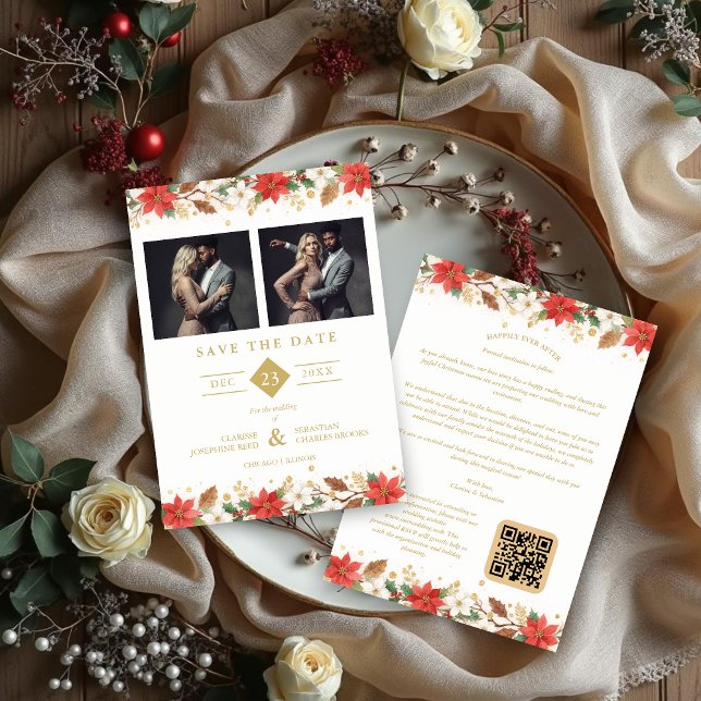 Refined Classic Christmas Garland Wedding Save The Date (Refined Sophisticated Classic Christmas Garland Wedding Save the Date Cards with Two Photos and Back)