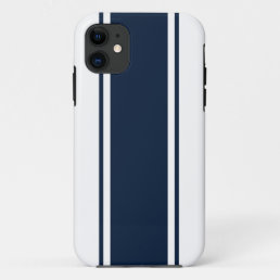 Refined Classy Navy Blue Racing Stripes On White iPhone 11 Case