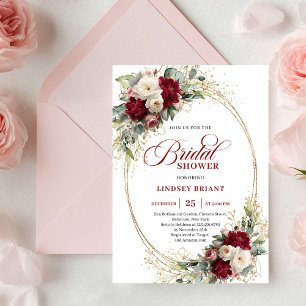 Refined Deep Red Floral Gold Bridal Shower Invite
