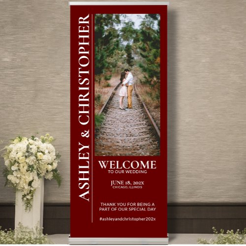 Refined Deep Ruby Red Photo Wedding Welcome Retractable Banner