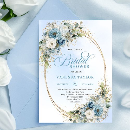 Refined Dusty Blue Gold Frame Bridal Shower Invite
