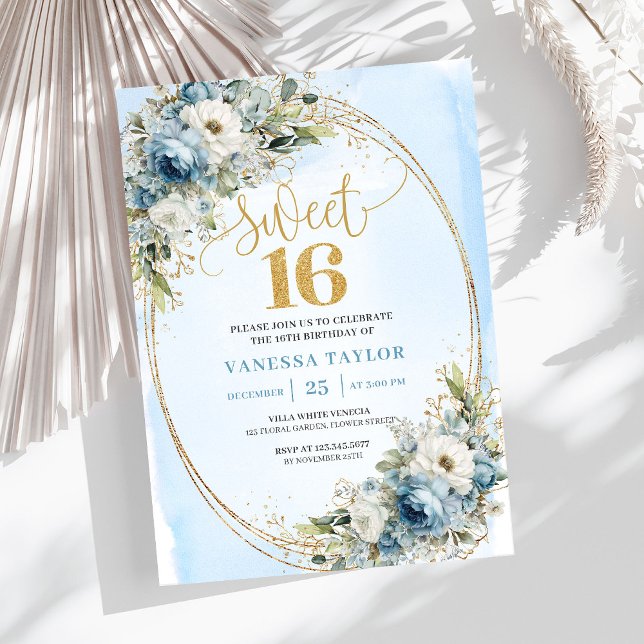 Refined Dusty Blue Greenery Sweet Sixteen Invites (Refined Dusty Blue Greenery Sweet Sixteen Invitation)