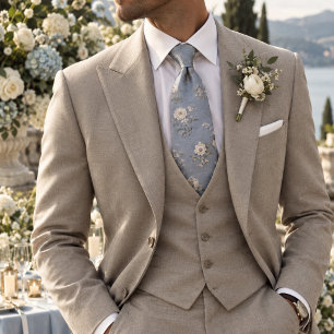 Refined Dusty Blue Heritage Floral Pattern Neck Tie