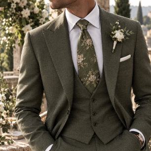 Refined Dusty Olive Heritage Floral Pattern Neck Tie