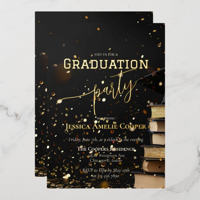 Refined Elegant Black & Gold Graduation Party  Foil Invitation (Front/Back)
