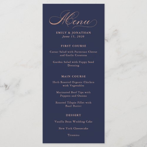 Refined  Faux Rose Gold Calligraphy on Navy Menu