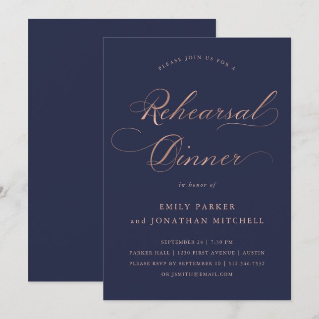 Refined | Faux Rose Gold on Navy Rehearsal Dinner Invitation (Front/Back)
