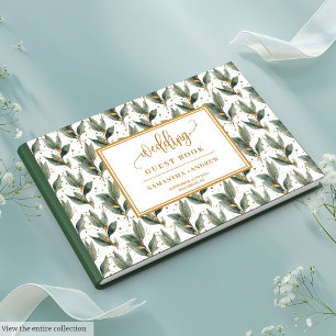 Refined forest green leaves gold wedding wishes guest book