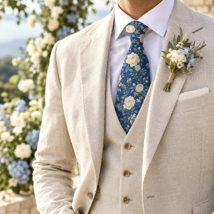 Refined French Blue Botanical Floral Pattern Neck Tie