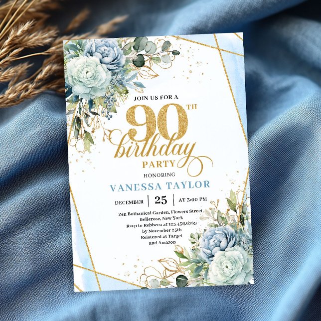 Refined gold frame style 90th birthday celebration invitation (Refined gold frame style 90th birthday celebration card)