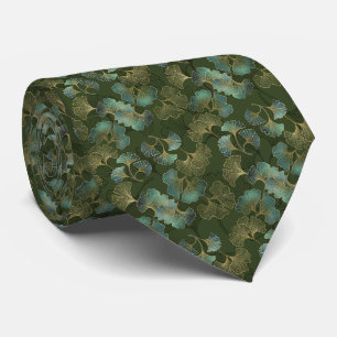 Refined Gold Ginkgo Botanical Emerald Green Art Neck Tie