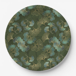 Refined Gold Ginkgo Botanical Emerald Green Art Paper Plates
