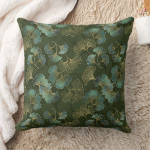Refined Gold Ginkgo Botanical Emerald Green Art Throw Pillow