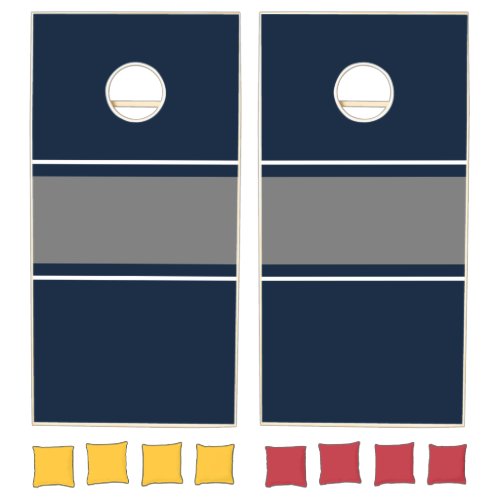 Refined Gray White Racing Stripes On Navy Blue Cornhole Set