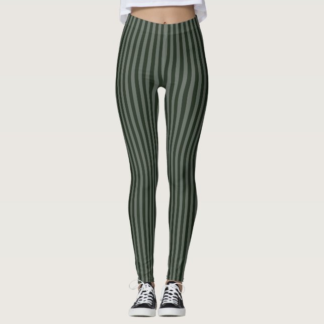 Refined Greeny Monochrome Vertical Thin Stripes Leggings (Front)