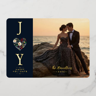 Refined Joy Botanical Heart Photo Navy Gold TMF26 Foil Holiday Card