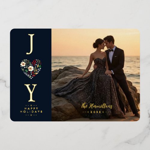 Refined Joy Botanical Heart Photo Navy Gold TMF26 Foil Holiday Card
